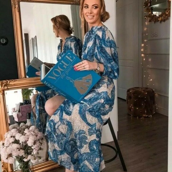 H&M CONSCIOUS EXCLUSIVE 100% Silk Mosaic Midi Puff Sleeve Cocktail Dress - Picture 7 of 12